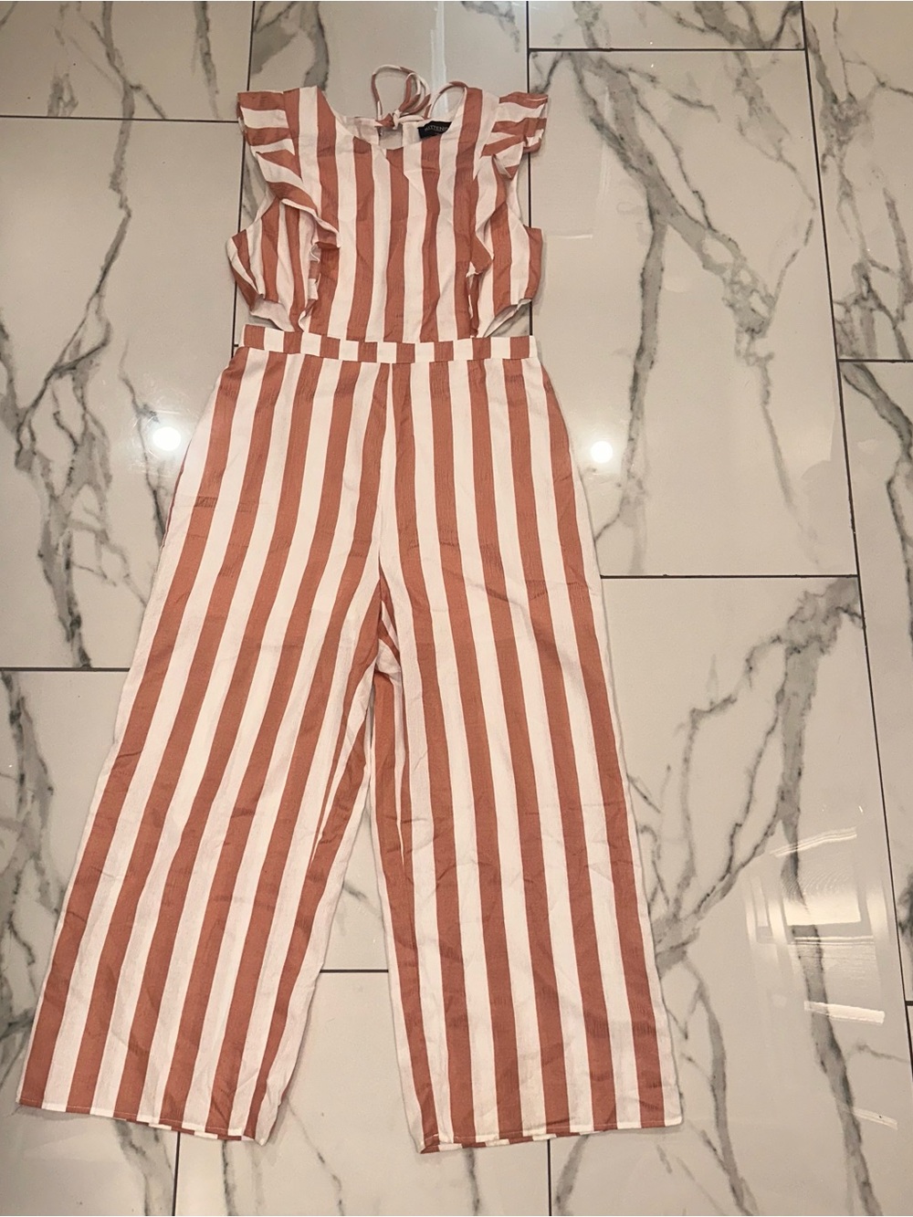 Kittenish Pink and White Striped Ruffle-Shoulder Jumpsuit